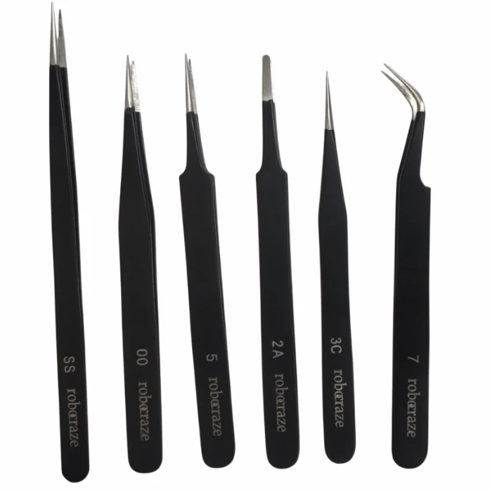 Robocraze Black Epoxy Coated Tweezer Set of 6 (SS,OO,2A,5,3C,7) - Image 2