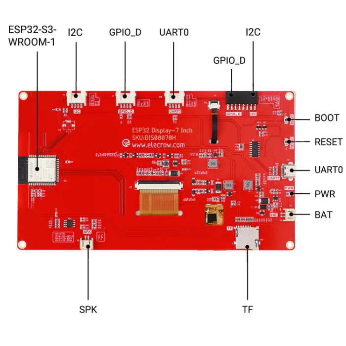 ELECROW ESP32 display 7.0 Inch HMI Display 800×480 RGB TFT LCD Touch Screen Compatible with Arduino/LVGL/PlatformIO/ Micropython with Acrylic Case - Image 4