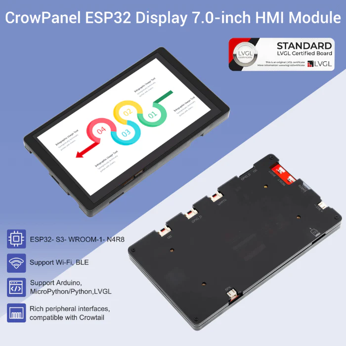 ELECROW ESP32 display 7.0 Inch HMI Display 800×480 RGB TFT LCD Touch Screen Compatible with Arduino/LVGL/PlatformIO/ Micropython with Acrylic Case - Image 6